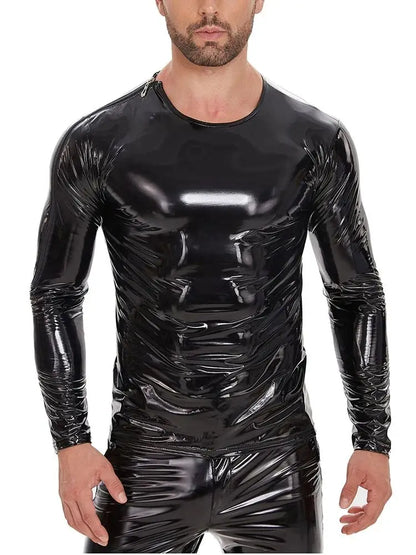 S-7XL Shiny Faux PU Leather Long Sleeve T Shirt Men Wet Look PVC Hot Shapers Tights Shapewear Tshirt Sexy Tee Shirts Tops Body