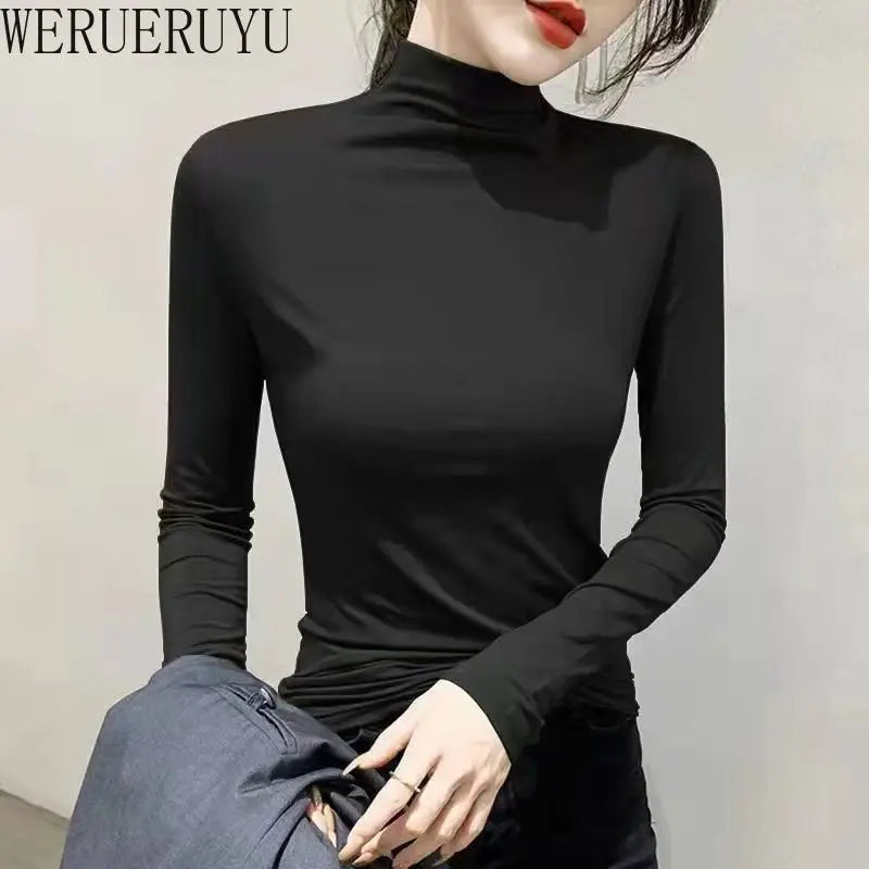 Black Turtleneck T-shirt Long Sleeve Tops Women Y2k Clothes Autumn Winter Korean Fashion Modal Elegant T-shirts for Women 2024