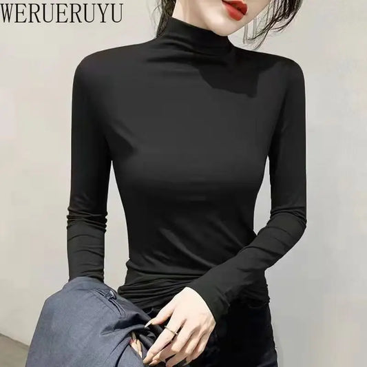 Black Turtleneck T-shirt Long Sleeve Tops Women Y2k Clothes Autumn Winter Korean Fashion Modal Elegant T-shirts for Women 2024