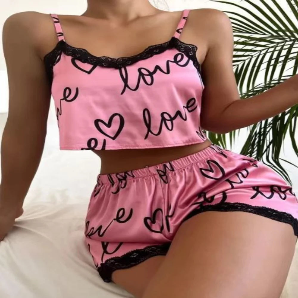 2 Pieces Set Women'S Pajama Shorts Suit Homewear Print Underwear Pijama Sexy Lingerie Camisoles Tanks Nighty Ladies Sleepwear