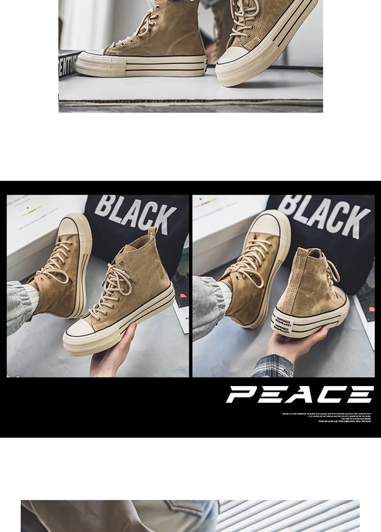 Vintage Brown Couples Casual Sneakers Comfort Suede Thick Sole Men's Shoes Trend Lace-up High Top Shoes Mens Vulcanized Sneakers