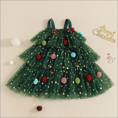 Christmas Costume Kids Girls Green Dress Sleeveless Stars Sequin Layered Tulle Dress Plush Ball Hat Baby Cake Xmas Tree Clothes