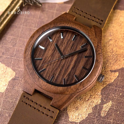 BOBO BIRD Mens Wood Watch Handmade Lightweight Minimalist Walnut Wooden Watches with Genuine Leather Personalized Gift