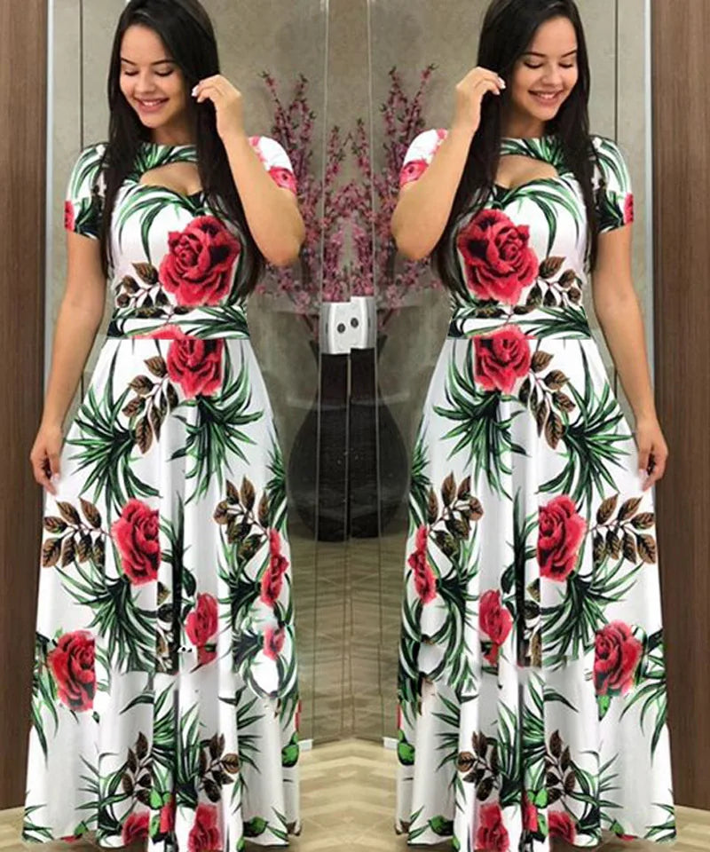 Robe Women's Casual Flower Summer Vestido Short-Sleeved Round Neck Floral Robe Mulheres Maxi Dress 2023 Elegant Kleid