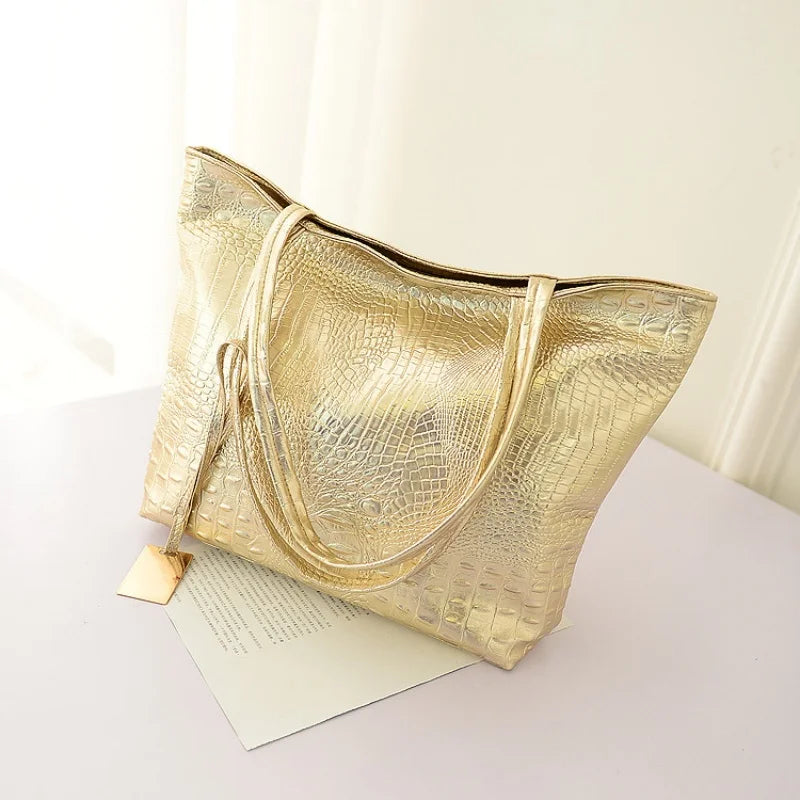 Fashion Casual Women Shoulder Bags Silver Gold Black Crocodile Handbag PU Leather Female Big Tote Bag Ladies Hand Bags Sac