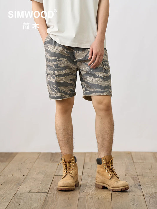 SIMWOOD 2024 Summer New Oversize 270gsm 100% Cotton Fabric Enzyme Washed Vintage Camouflage Cargo Shorts Men Outdoor Shorts