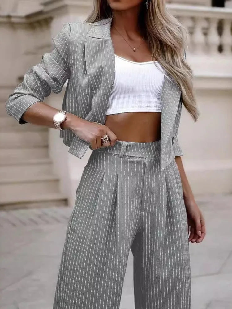 Two Piece Set Women's Suits Casual Srtiped Short Lapel Blazer  Coats Suit Straight Leg Pants Suit 2 Pice Set Streetwear Autumn