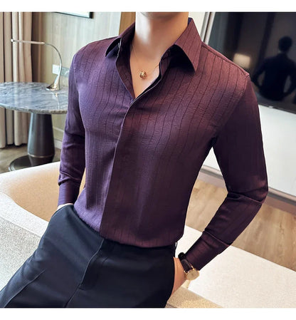 Luxury Korean Pleated Stripe Shirts For Men's High Quality Long Sleeve Slim Fit Casual Shirt Formal Social Party Tuxedo 4XL-M