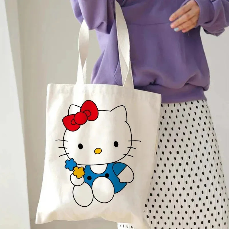 Hello Kitty Canvas Tote Bag Harajuku Y2k 90s Cartoon Girl Handbag Large Capacity Female Shoulder Bags Portable Travel Purse Gift