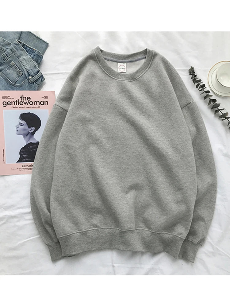 Woman Solid Color O-Neck Sweatshirt Casual Loose Fit Hoodie Harajuku Aesthetic Streetwear Velvet Pullover White Tops Korean Pop