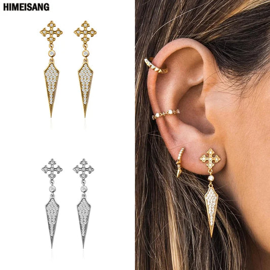 Gold Silver Filled Stud Earrings for Women Vintage CZ Zircon Cross Unusual Long Drop Earring Jewelry Earings Girls Wholesale