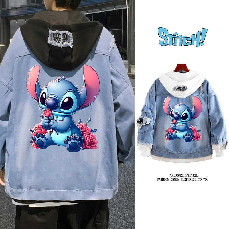 Lilo&stitch Hip Hop Men's Hooded Jean Jackets Women Outerwear Autumn Winter Coat Men Patchwork Denim Jacket Streetwear Clothes