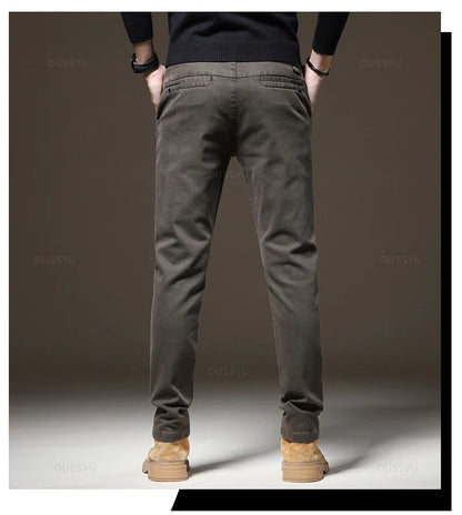 Brand Clothing Winter Fleece Warm Casual Pants Men Cotton Elastic Waist Brown Grey Twill Work Slim Flocking Cargo Trousers Male