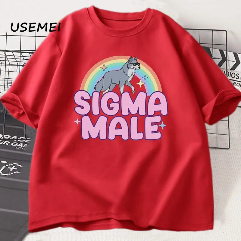 Sigma Male Lone Wolf T Shirt Funny Weird Rainbow Wolf Graphic Tee Men Women Casual Trendy Loose T-shirt Men's Clothing