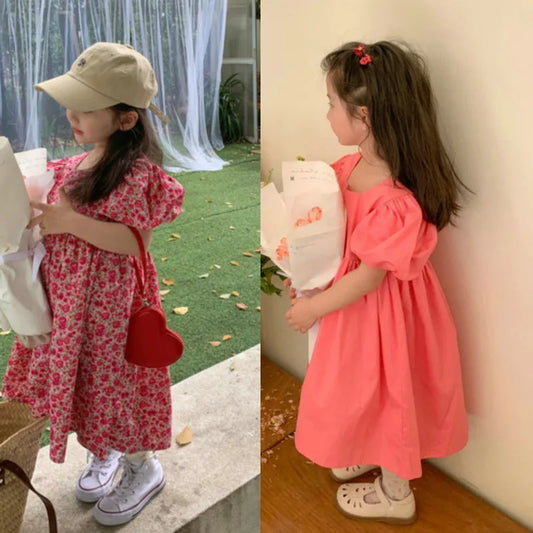 Girls' Dress Flower Solid Color Square Neck Puff Sleeve Dress Sweet Princess Dress 2023 Summer New Fashion Children's Clothing