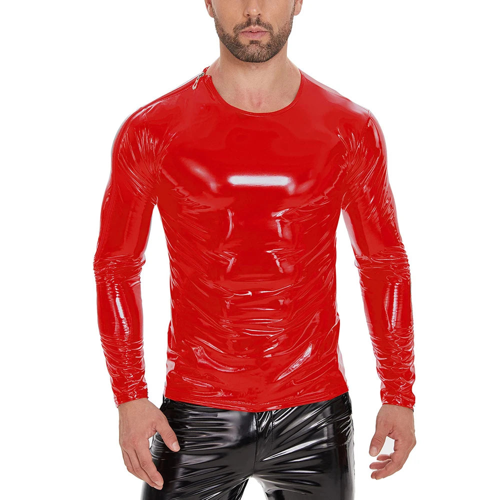 S-7XL Shiny Faux PU Leather Long Sleeve T Shirt Men Wet Look PVC Hot Shapers Tights Shapewear Tshirt Sexy Tee Shirts Tops Body