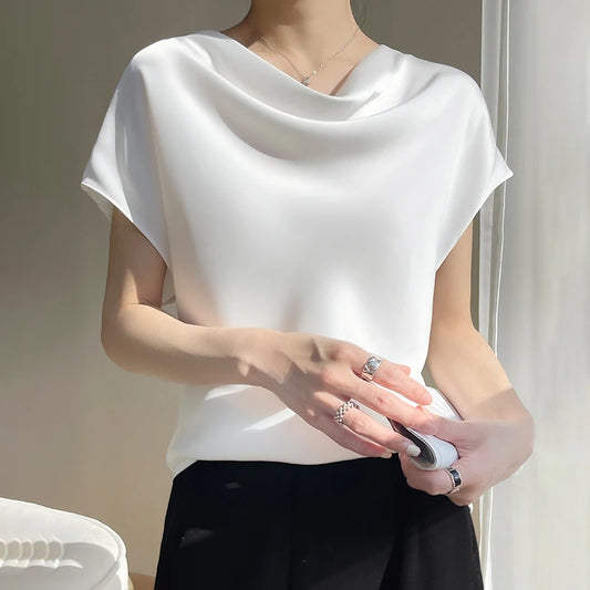 Silk Women's T-Shirts Summer Crew Neck Short Sleeve Tees Casual Solid Color Bottom T-Shirt Loose Female Tops Pullover Clothe 5XL