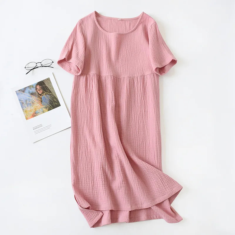 Summer Sleepshirts comfortable solid color cotton gauze long skirt home Nightgowns  women's round neck nightdress thin section