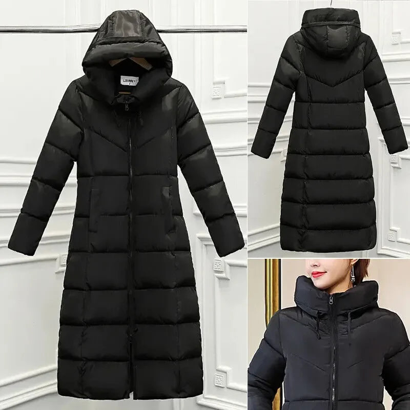 Women's Winter Long Parka Solid Color Thick Warm Hooded Cotton-padded Jacket Fashion Street Long Down Cotton-padded Jacket