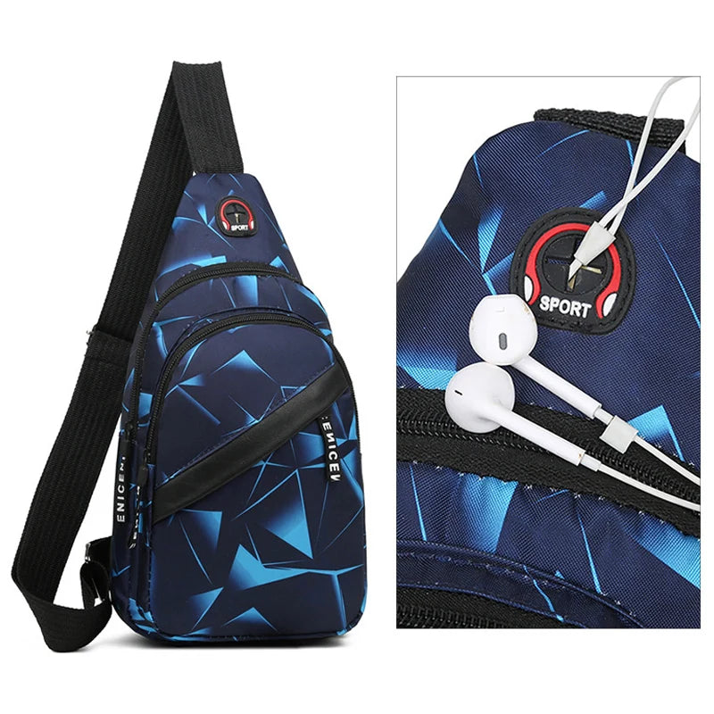 Men's Chest Bag Geometric Pattern Oxford Cloth Adjustable Zipper Chest Bag Fashion Chest Bag With Earphone Hole