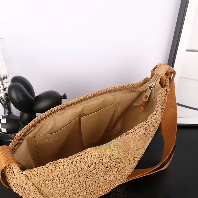 Simple Paper Rope Women's Shoulder Bags Summer Fashion Straw Semicircle Crossbody Bag Casual Beach Woven Handbags Underarm Bag