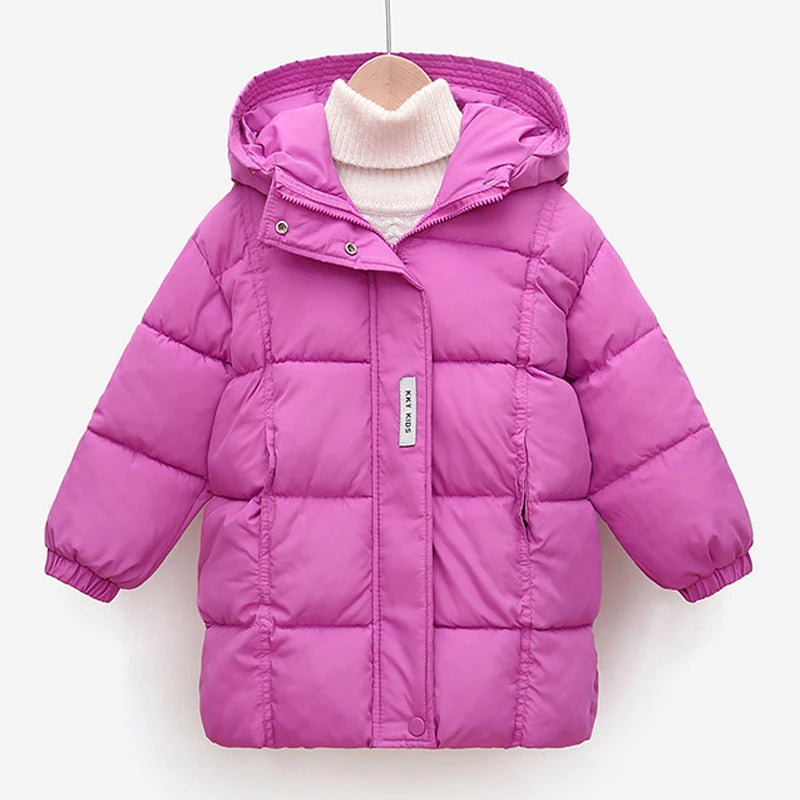 2024 Winter Teen Girls Jacket Long Solid Color Letter Print Thick Keep Warm Hooded Coat For 3-10Y Kids Down Cotton Snow Clothes