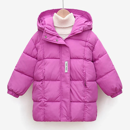 2024 Winter Teen Girls Jacket Long Solid Color Letter Print Thick Keep Warm Hooded Coat For 3-10Y Kids Down Cotton Snow Clothes