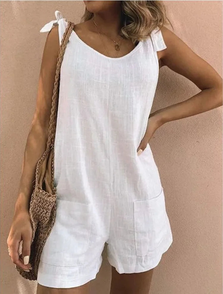 Summer Solid Cotton Linen Playsuits Casual Loose Women Jumpsuits 2024 Fashion Lace -up O Neck Sleeveless Pocket Romper Female