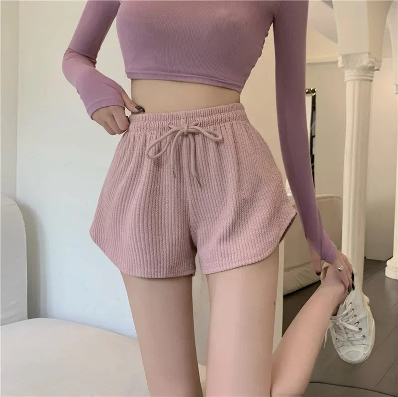 Women Shorts Summer High Elastic Lace Up Drawstring Wide Leg Sweat Short Fitness Running Shorts Loose Casual Large Sports Pants