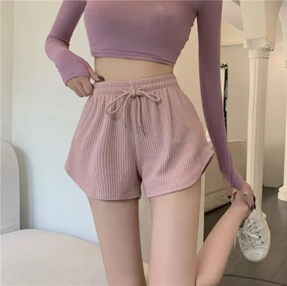 Women Shorts Summer High Elastic Lace Up Drawstring Wide Leg Sweat Short Fitness Running Shorts Loose Casual Large Sports Pants