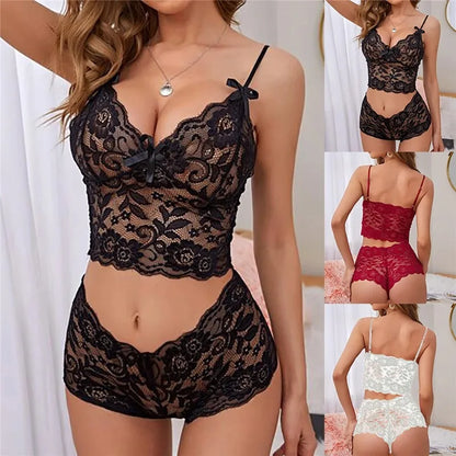 Women's Sexy 2024 Black Perspective Lace Suspender Shorts Solid Color Tank Camisole Tube Top Panty Floral Print Lingerie Set