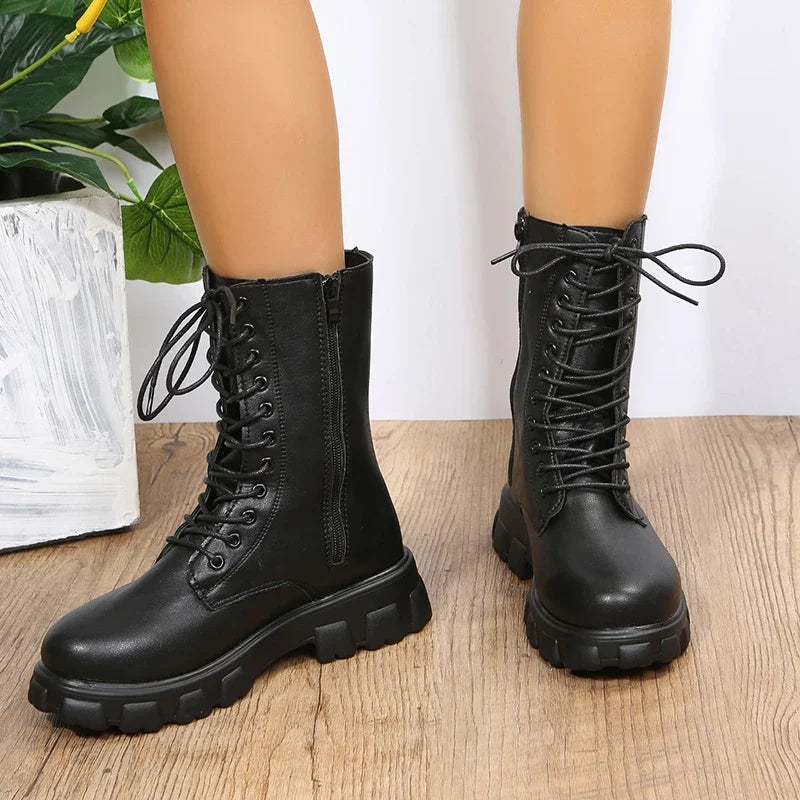 2024 Boots Women  Autumn Winter PU Leather White Ankle Boots Motorcycle Botines Female Chunky Heels Platform Boots Botas Mujer