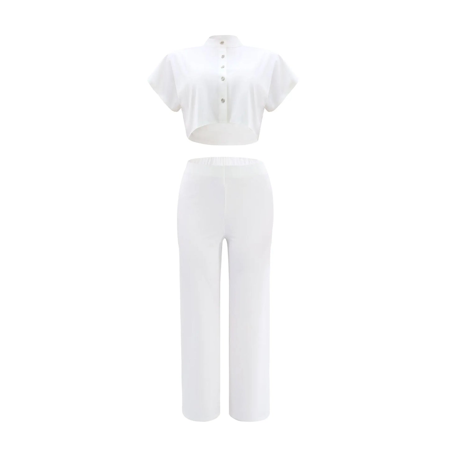 White Short Sleeve Shirt Tops Casual Wide Leg Pants Short Cardigan Top Solid Color Straight Pants Women Two-Piece Sets Outfits