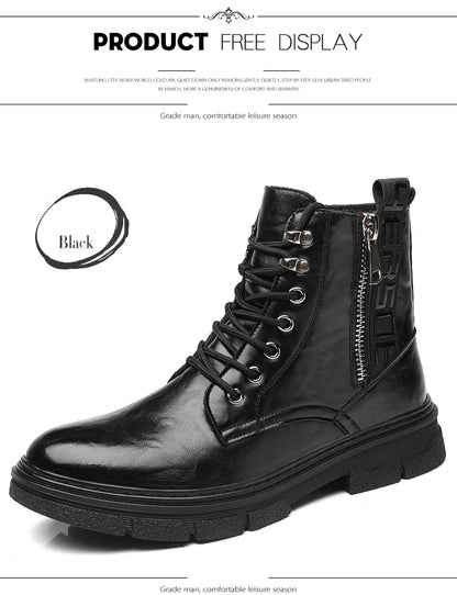 Martin Boots Men's Autumn High Assist Grab Pattern Soft Casual Zipper Leather Boots Lace up Black Workwear Motorcycle Short Boot