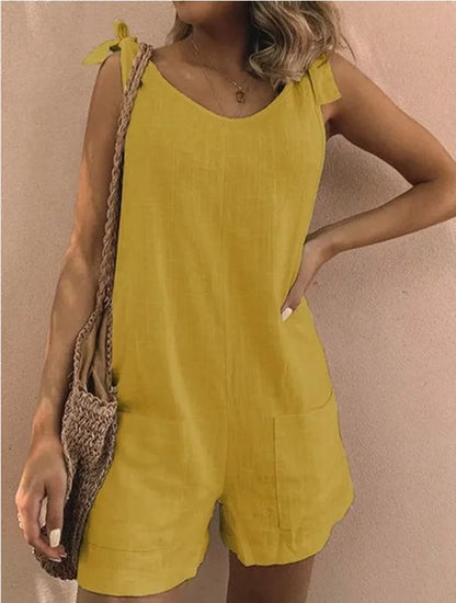 Summer Solid Cotton Linen Playsuits Casual Loose Women Jumpsuits 2024 Fashion Lace -up O Neck Sleeveless Pocket Romper Female