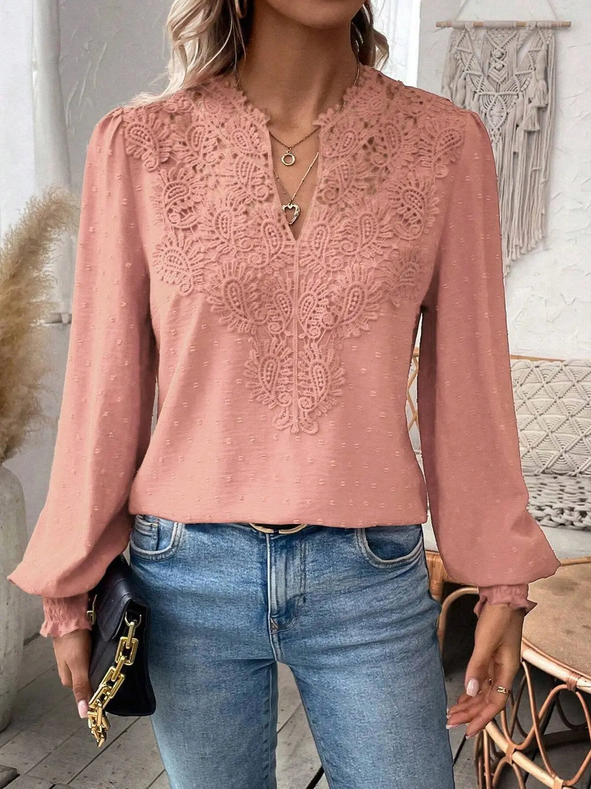 Women's Clothing 2024 Autumn Sexy V-neck Fashionable Lace Patchwork Polyester Solid Color Shirt Long Sleeved Shirt