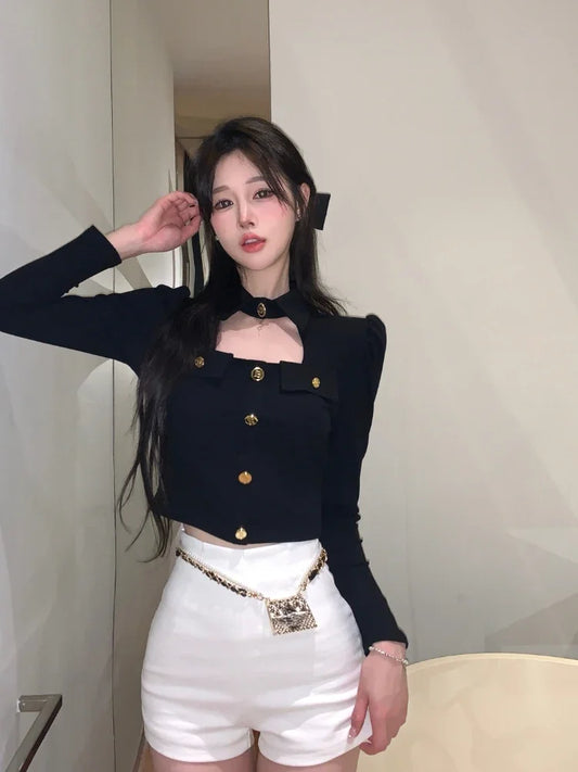 Woherb Sexy Puff Sleeve Y2k Knitted Cardigan Aesthetic Turn Down Collar Women Top 2025 Autumn Mini Single Breasted Solid Jumpers