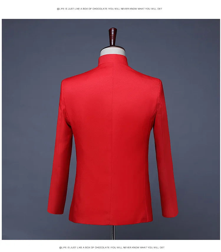 New Men Pure Colour Business Formal Wedding Banquet Suit 2 Piece Red / White Male Chinese Style Standing Collar Blazer Trousers