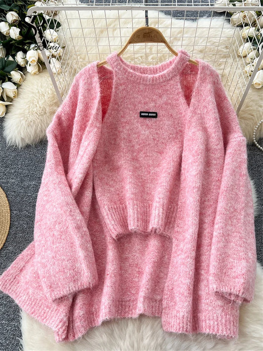 SINGREINY Fashion Solid Cashmere Sweater Long Sleeves Loose Warm Cardigan+Sleeveless Knitting Tank Top Winter Gentle Casual Tops