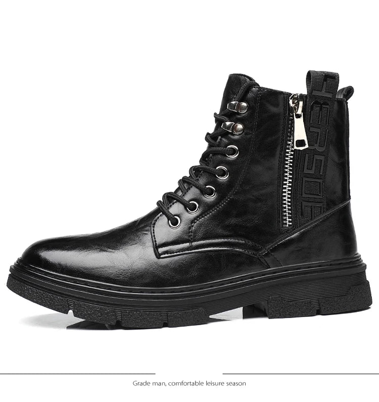 Martin Boots Men's Autumn High Assist Grab Pattern Soft Casual Zipper Leather Boots Lace up Black Workwear Motorcycle Short Boot