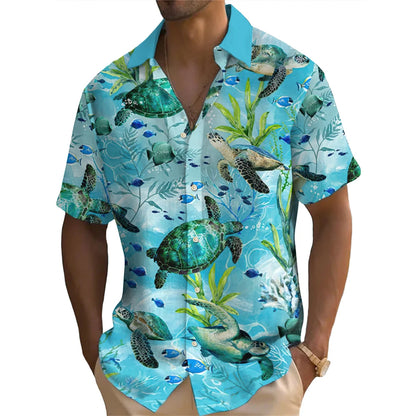 Summer Fashion Retro Ocean Animals Turtle Print Men's Short Sleeve Shirt Street Casual Daily Oversized Men Shirts Oversized Tops