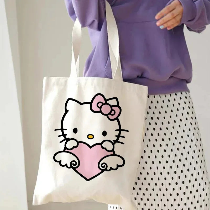 Hello Kitty Canvas Tote Bag Harajuku Y2k 90s Cartoon Girl Handbag Large Capacity Female Shoulder Bags Portable Travel Purse Gift