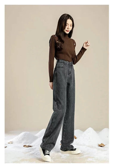 Charcoal Grey Fleece-Lined High-Waisted Versatile Bell Bottoms Jeans Women's Autumn/Winter Thickened Straight-Leg Loose-Fit Warm