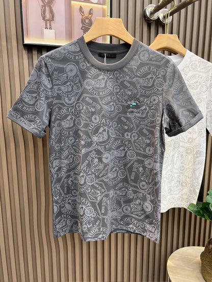 Tops Embroidery Men's T-shirt Black Drawings Male Tees Shirts Motorcycle 5xl Aesthetic Clothing Short Quarter Sleeve Hot Stylish