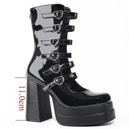 Square toe thick heel waterproof platform peach heart buckle waterproof platform boots