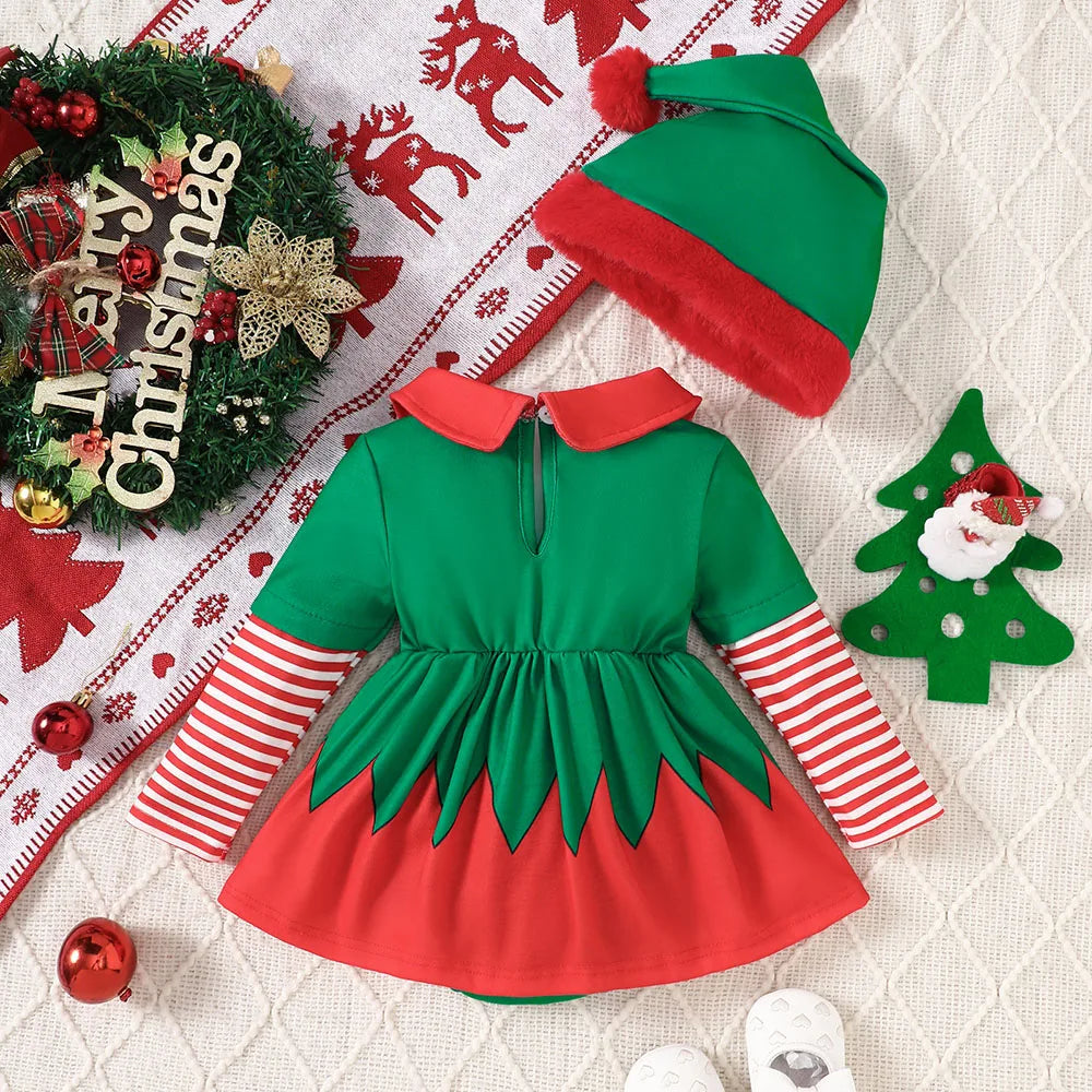 2pcs Christmas Bodysuit for newborn Stripe Long Sleeve Christmas print Bodysuit with Santa hat Baby outfit set