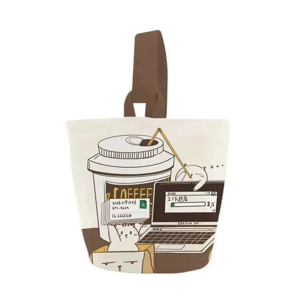 Cartoon Canvas Coffee Cat Bucket Bag Korean Style Handbag Outing Shopping Bag Women Sweet Cute Handbag