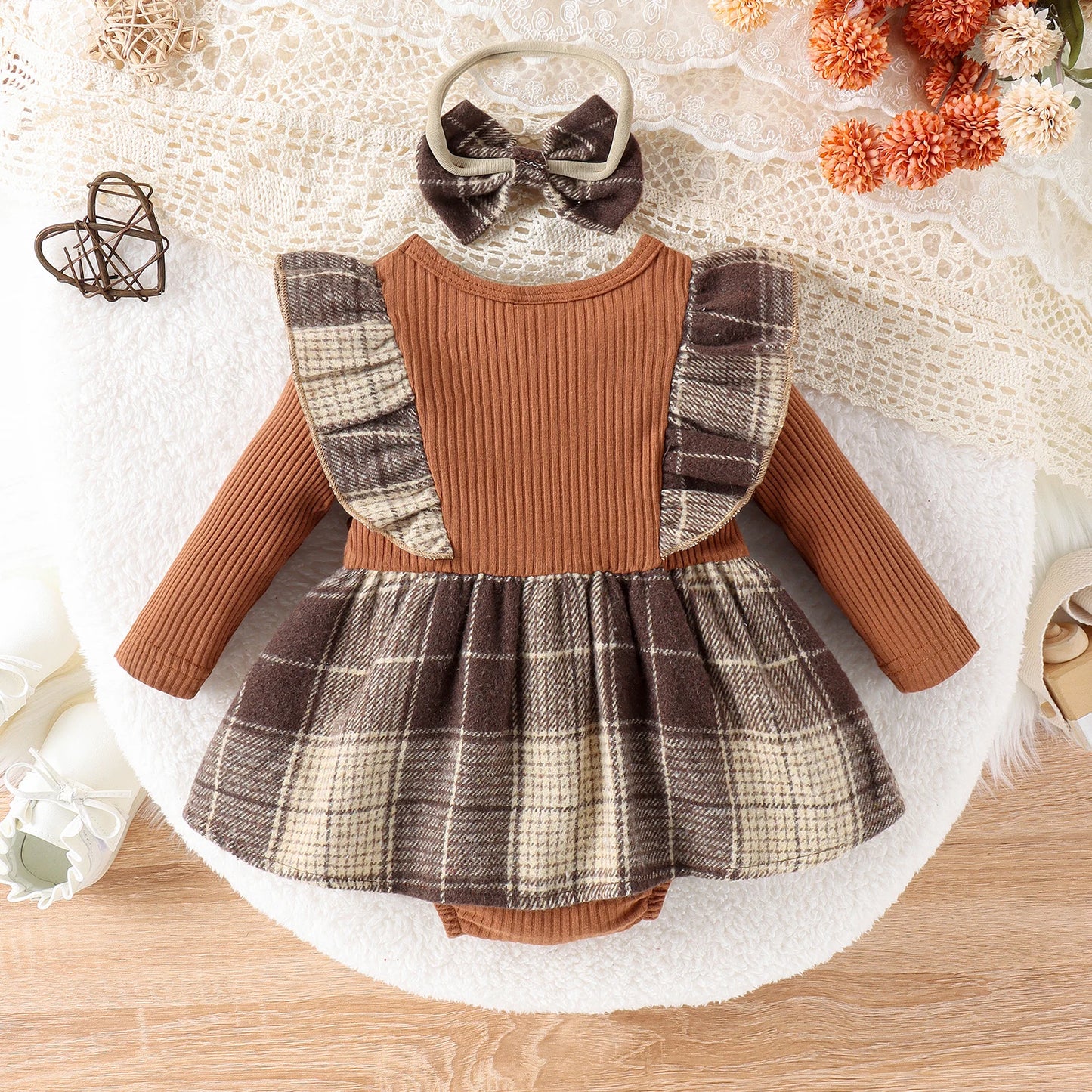 2PCS Autumn New Style 0-1 Year Old Girl Baby Trend Preppy Style Multi-Color Plaid Skirt Long-Sleeved Hat + Headwear