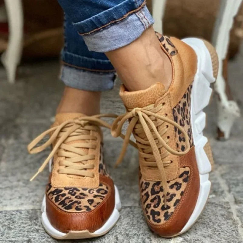 Plus size 36-44 New Thick-soled Round Toe Low-top Leopard Print Women's Singles Cross-large Stitching Lace-up Sneakers