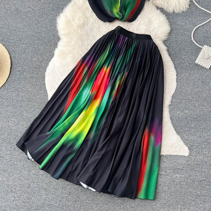 New Summer Runway Pleats Floral Print Two Piece Set Women Half High Collar Stretch Top+Elastic Waist Long Pleated Skirt Outfits